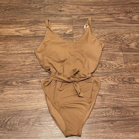 NWT Nicole Miller One Piece Deep VNeck With Sash Swim Suit Tan Size XL - Picture 7 of 11